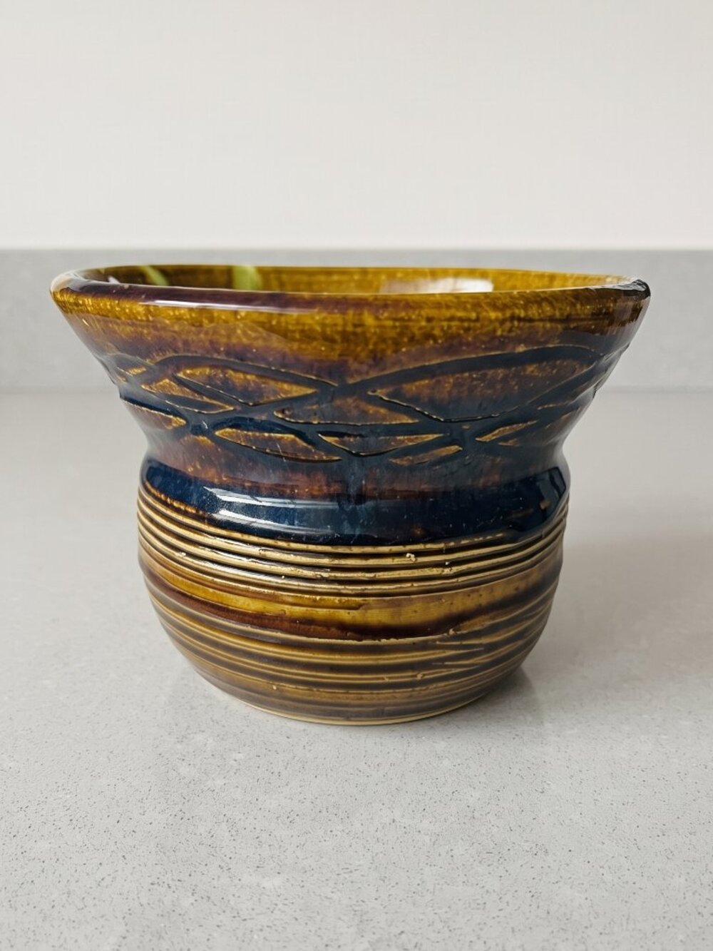 Vintage Bouselle ’98 Signed Studio Pottery Vase Planter Brown Glaze 5”